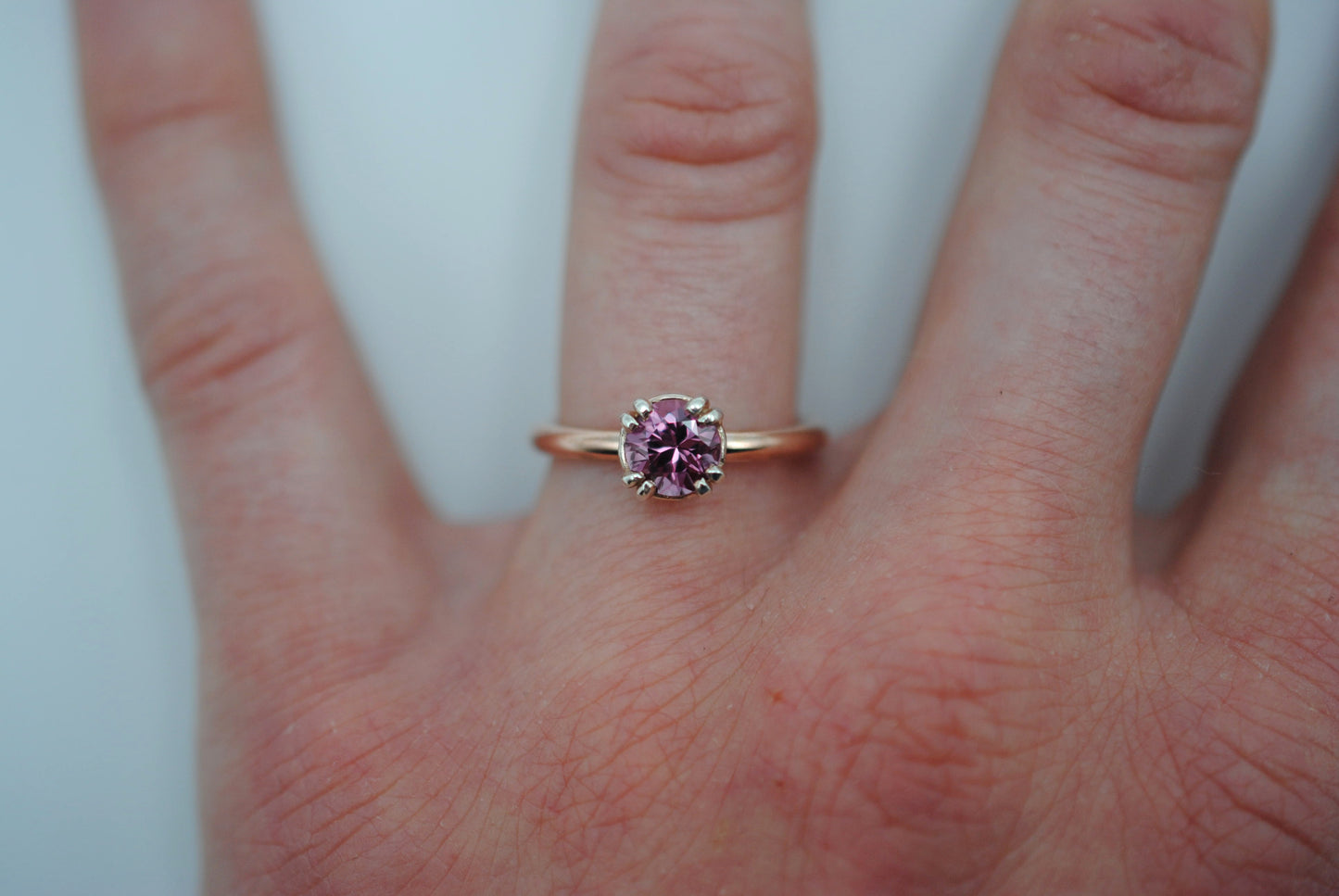 Malaia Garnet: Round Cut, Rose Gold Fill Band, Silver Double Prong Setting