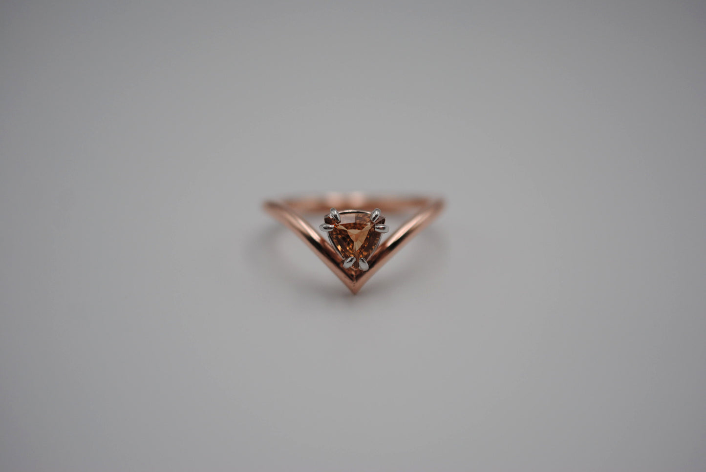 Garnet Ring: Trillion Cut, Rose Gold Fill Chevron Band, White Gold Setting