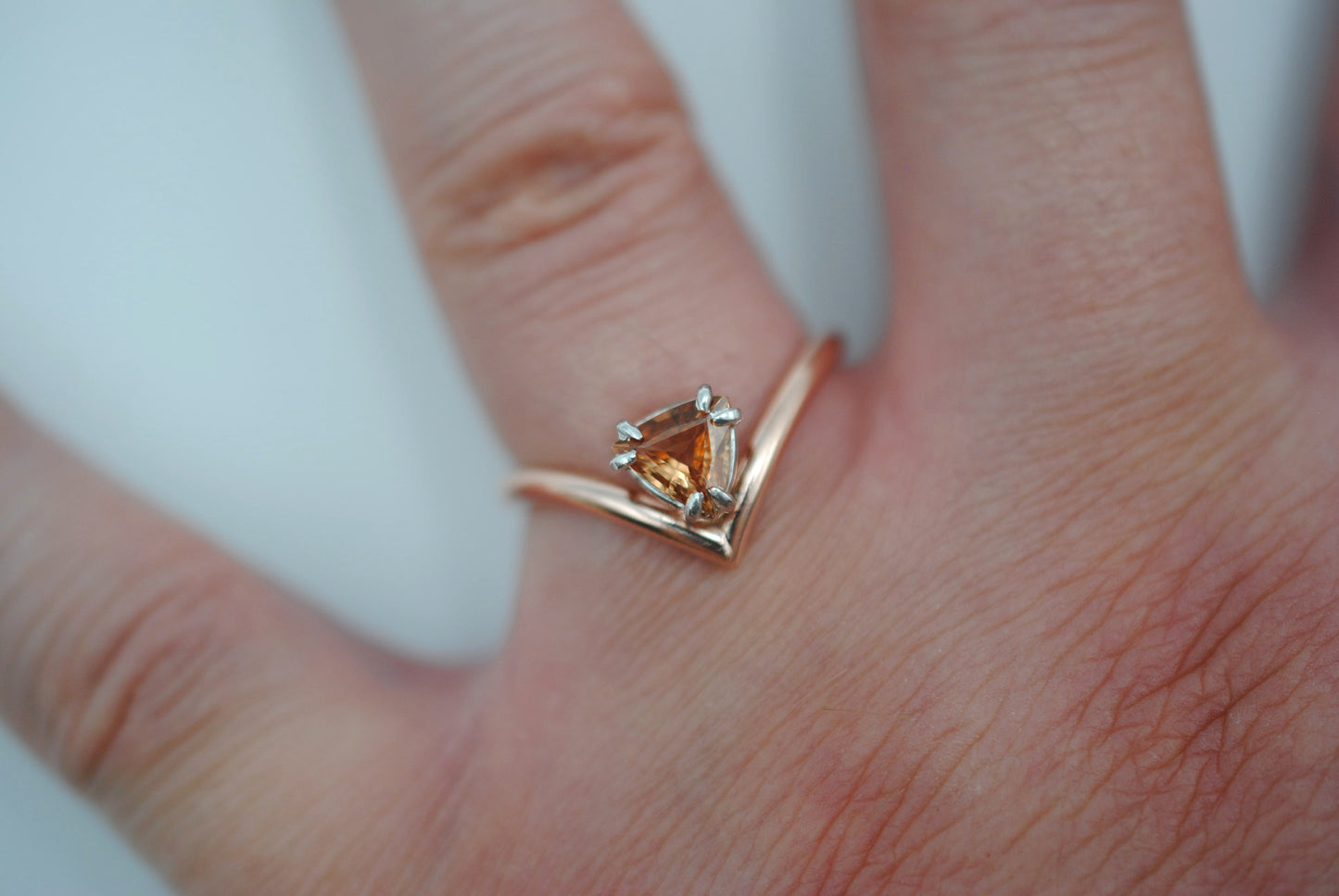 Garnet Ring: Trillion Cut, Rose Gold Fill Chevron Band, White Gold Setting