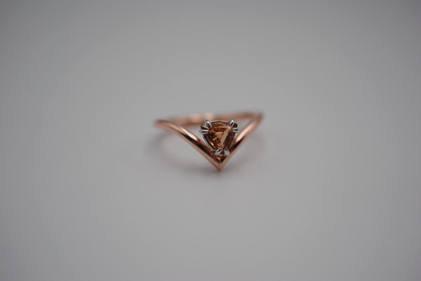 Garnet Ring: Trillion Cut, Rose Gold Fill Chevron Band, White Gold Setting