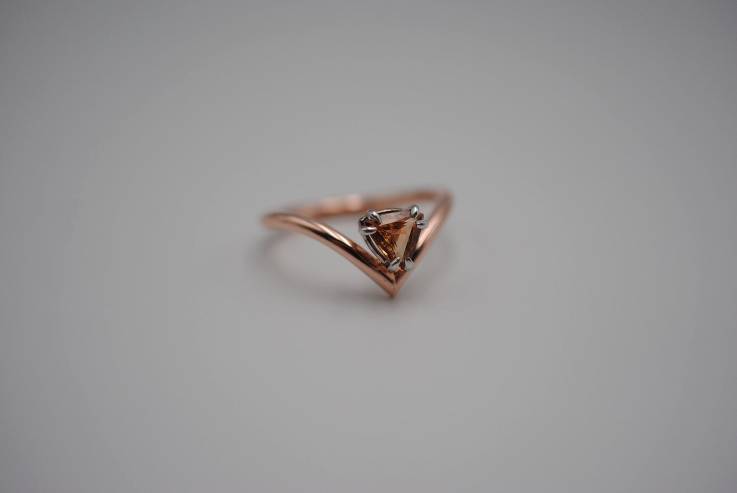 Garnet Ring: Trillion Cut, Rose Gold Fill Chevron Band, White Gold Setting