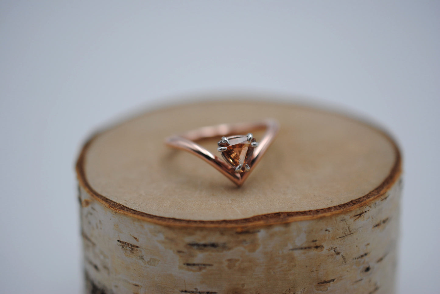Garnet Ring: Trillion Cut, Rose Gold Fill Chevron Band, White Gold Setting