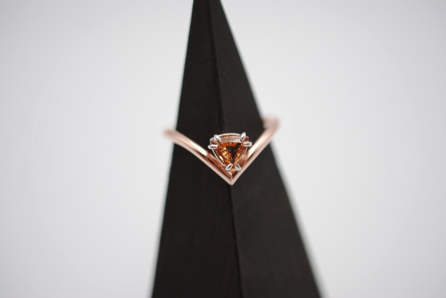 Garnet Ring: Trillion Cut, Rose Gold Fill Chevron Band, White Gold Setting