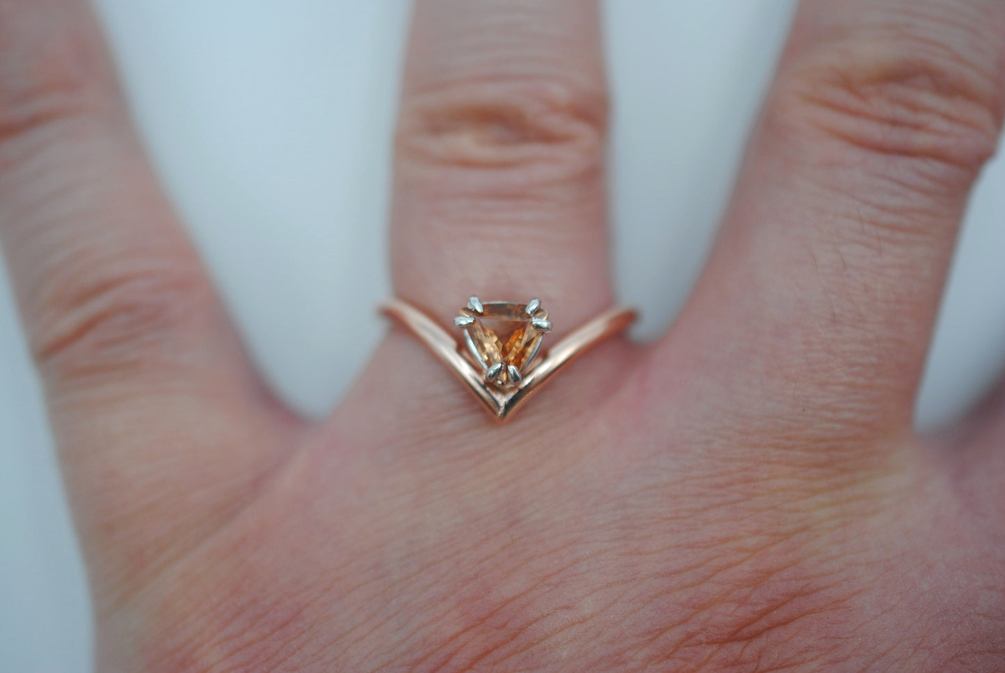 Garnet Ring: Trillion Cut, Rose Gold Fill Chevron Band, White Gold Setting