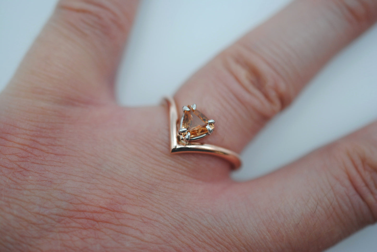 Garnet Ring: Trillion Cut, Rose Gold Fill Chevron Band, White Gold Setting