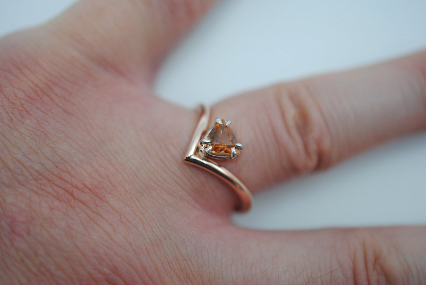 Garnet Ring: Trillion Cut, Rose Gold Fill Chevron Band, White Gold Setting