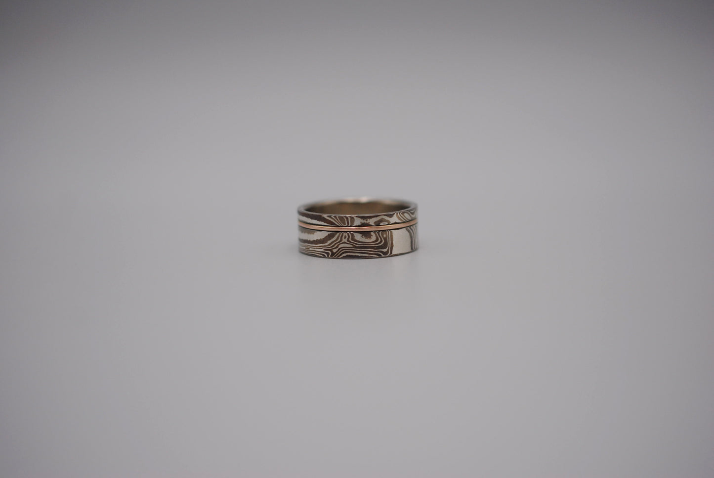 Mokume Gane Ring Band: Silver, Copper & Shibuichi, Rose Gold Inlay, 7.5mm Width