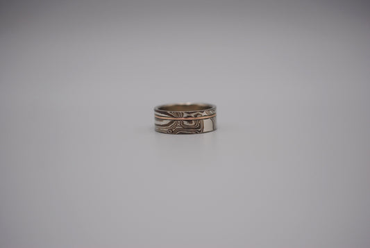 Mokume Gane Ring Band: Silver, Copper & Shibuichi, Rose Gold Inlay, 7.5mm Width