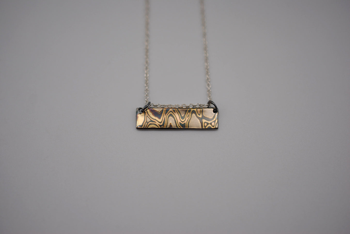 Mokume Gane Bar Necklace: Yellow Gold, Rose Gold, White Gold & Silver, Cable Chain