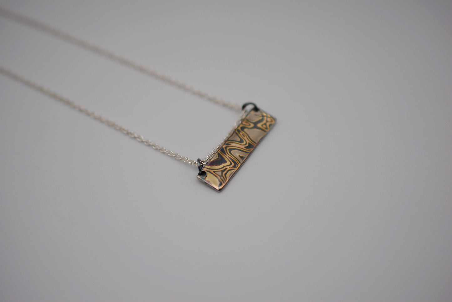 Mokume Gane Bar Necklace: Yellow Gold, Rose Gold, White Gold & Silver, Cable Chain
