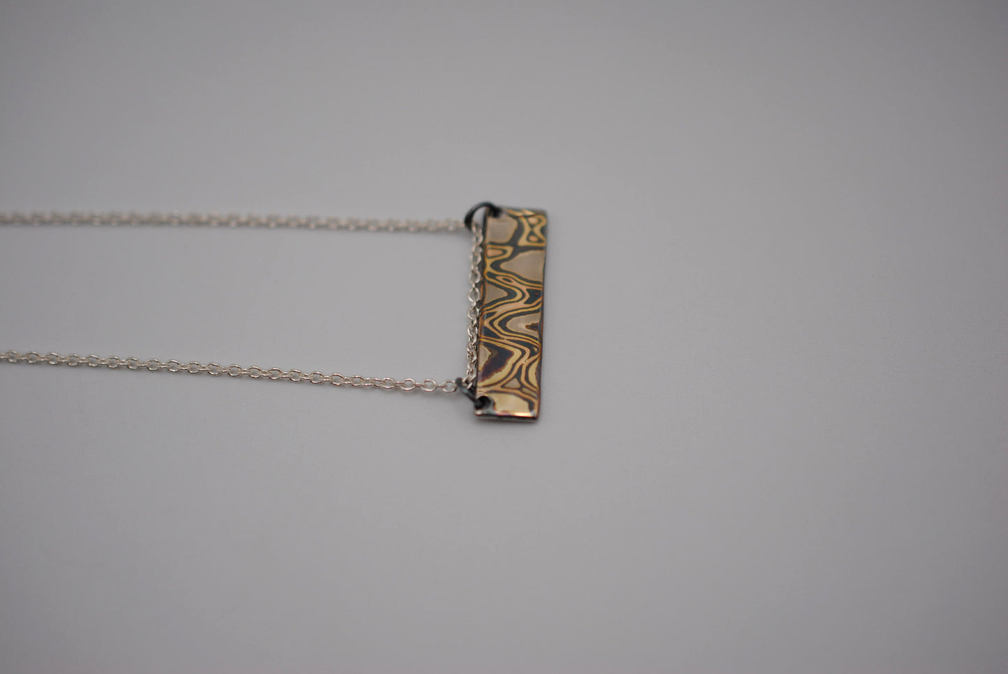 Mokume Gane Bar Necklace: Yellow Gold, Rose Gold, White Gold & Silver, Cable Chain