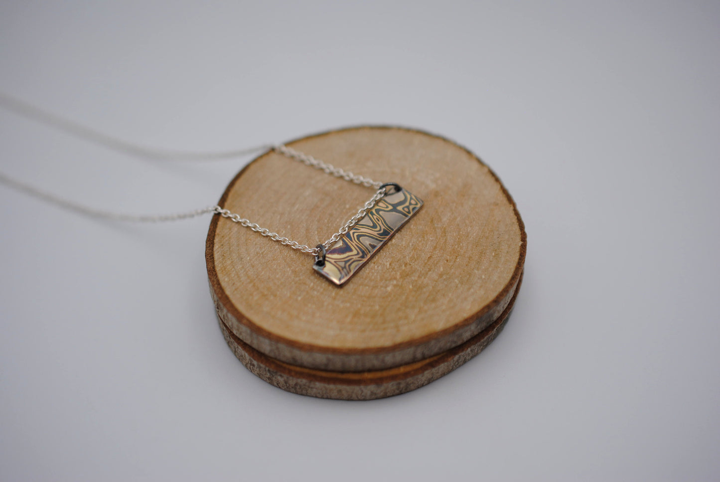 Mokume Gane Bar Necklace: Yellow Gold, Rose Gold, White Gold & Silver, Cable Chain