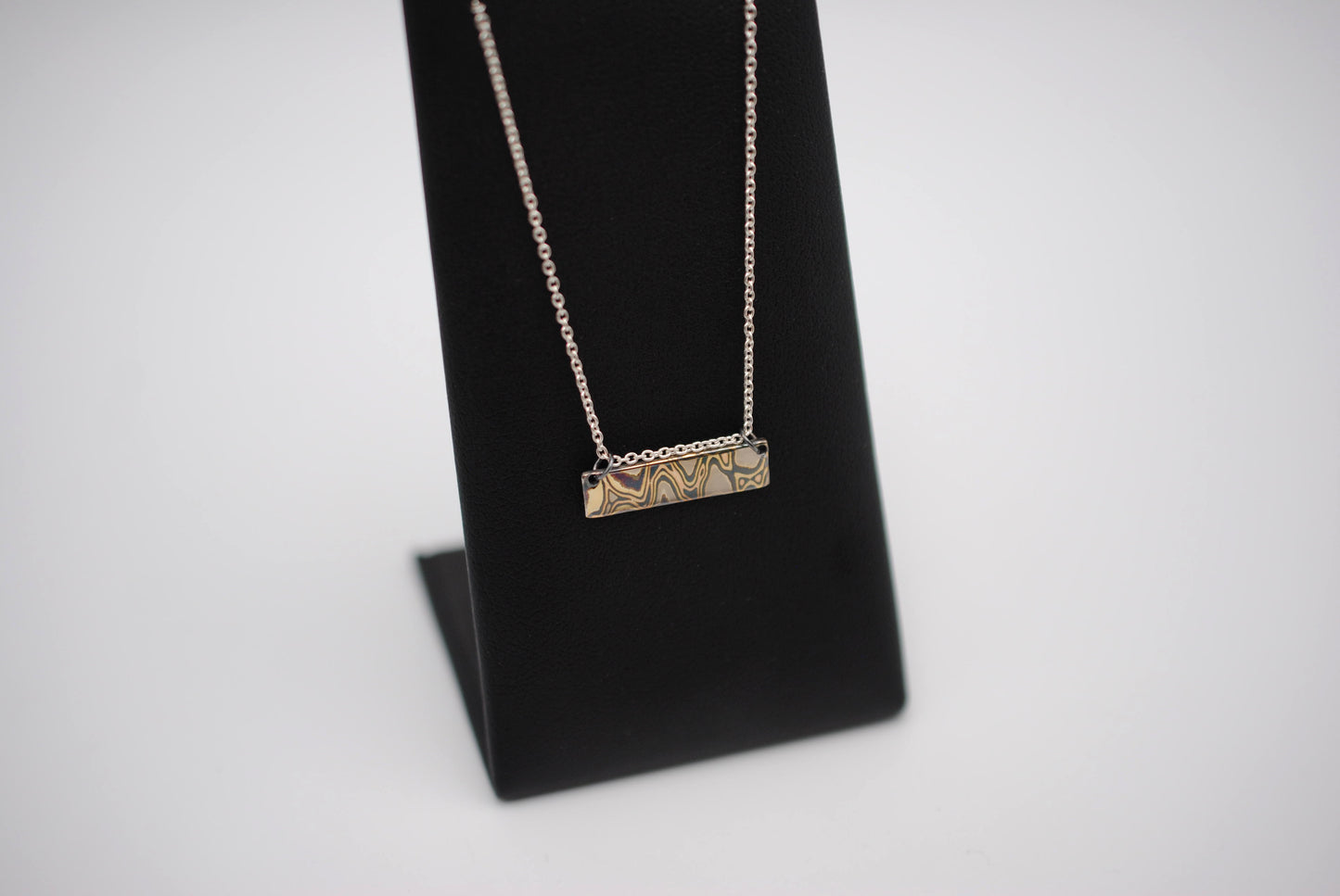 Mokume Gane Bar Necklace: Yellow Gold, Rose Gold, White Gold & Silver, Cable Chain