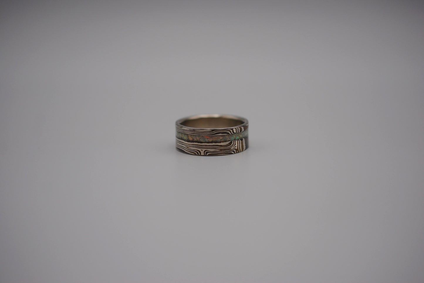 Mokume Gane Ring Band: Silver, Copper & Shibuichi, Opal Inlay, 7.5mm Width
