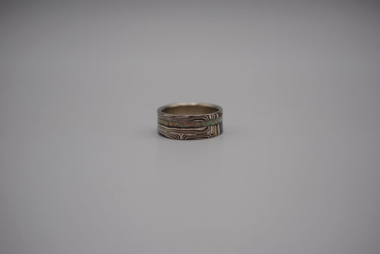 Mokume Gane Ring Band: Silver, Copper & Shibuichi, Opal Inlay, 7.5mm Width