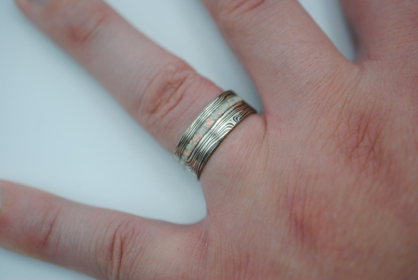 Mokume Gane Ring Band: Silver, Copper & Shibuichi, Opal Inlay, 7.5mm Width