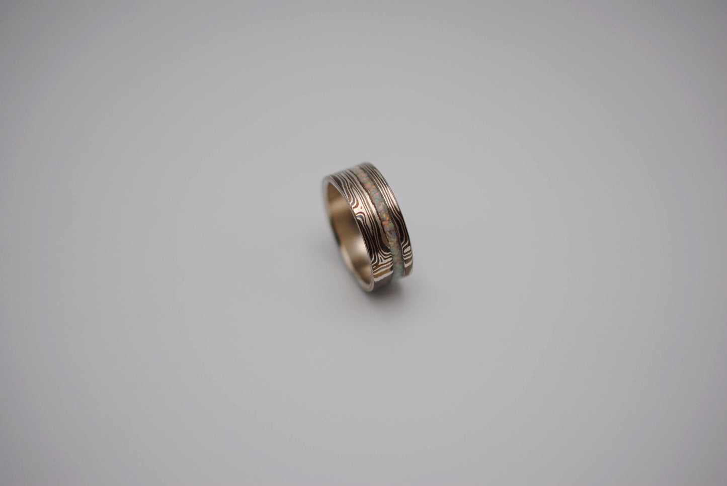 Mokume Gane Ring Band: Silver, Copper & Shibuichi, Opal Inlay, 7.5mm Width
