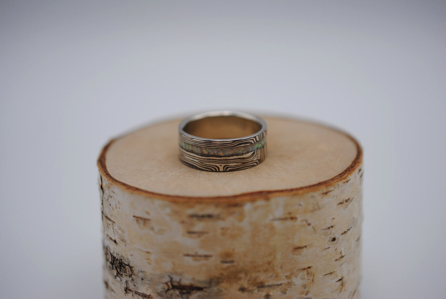 Mokume Gane Ring Band: Silver, Copper & Shibuichi, Opal Inlay, 7.5mm Width