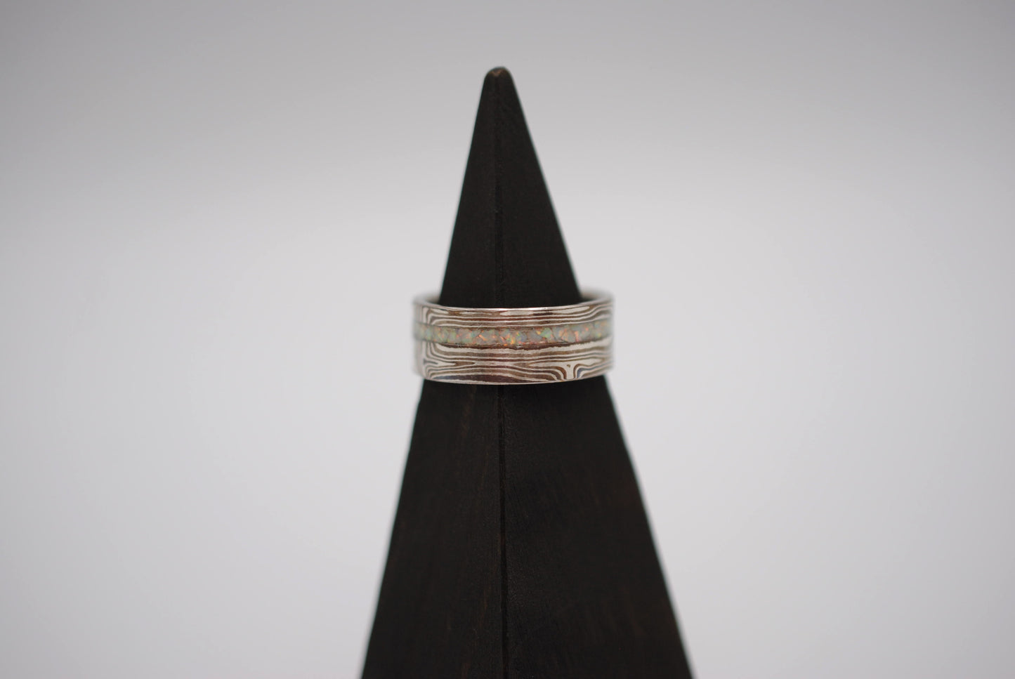 Mokume Gane Ring Band: Silver, Copper & Shibuichi, Opal Inlay, 7.5mm Width