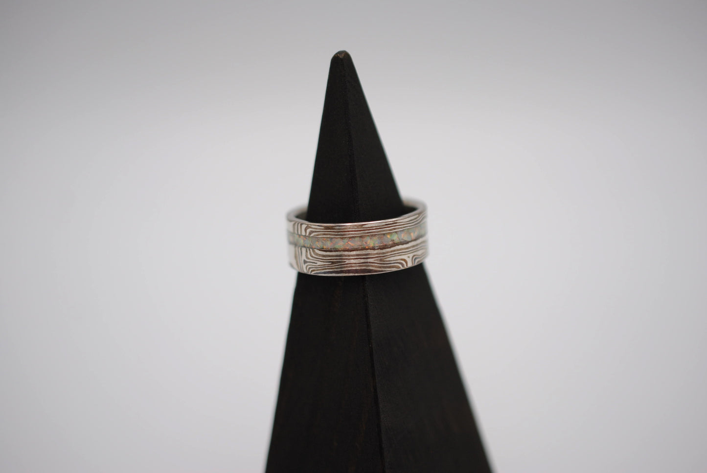 Mokume Gane Ring Band: Silver, Copper & Shibuichi, Opal Inlay, 7.5mm Width