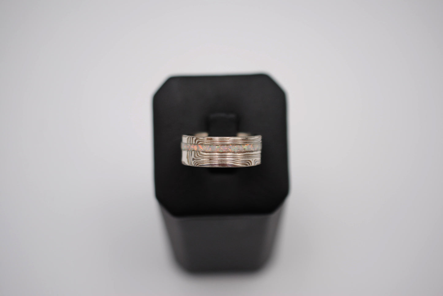 Mokume Gane Ring Band: Silver, Copper & Shibuichi, Opal Inlay, 7.5mm Width