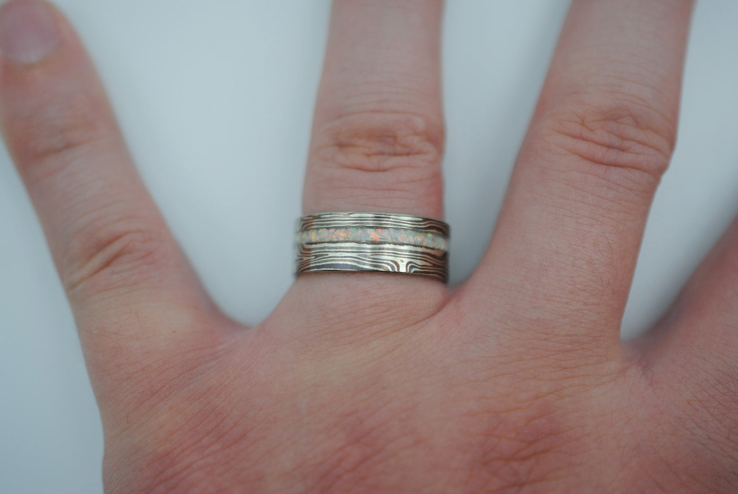 Mokume Gane Ring Band: Silver, Copper & Shibuichi, Opal Inlay, 7.5mm Width