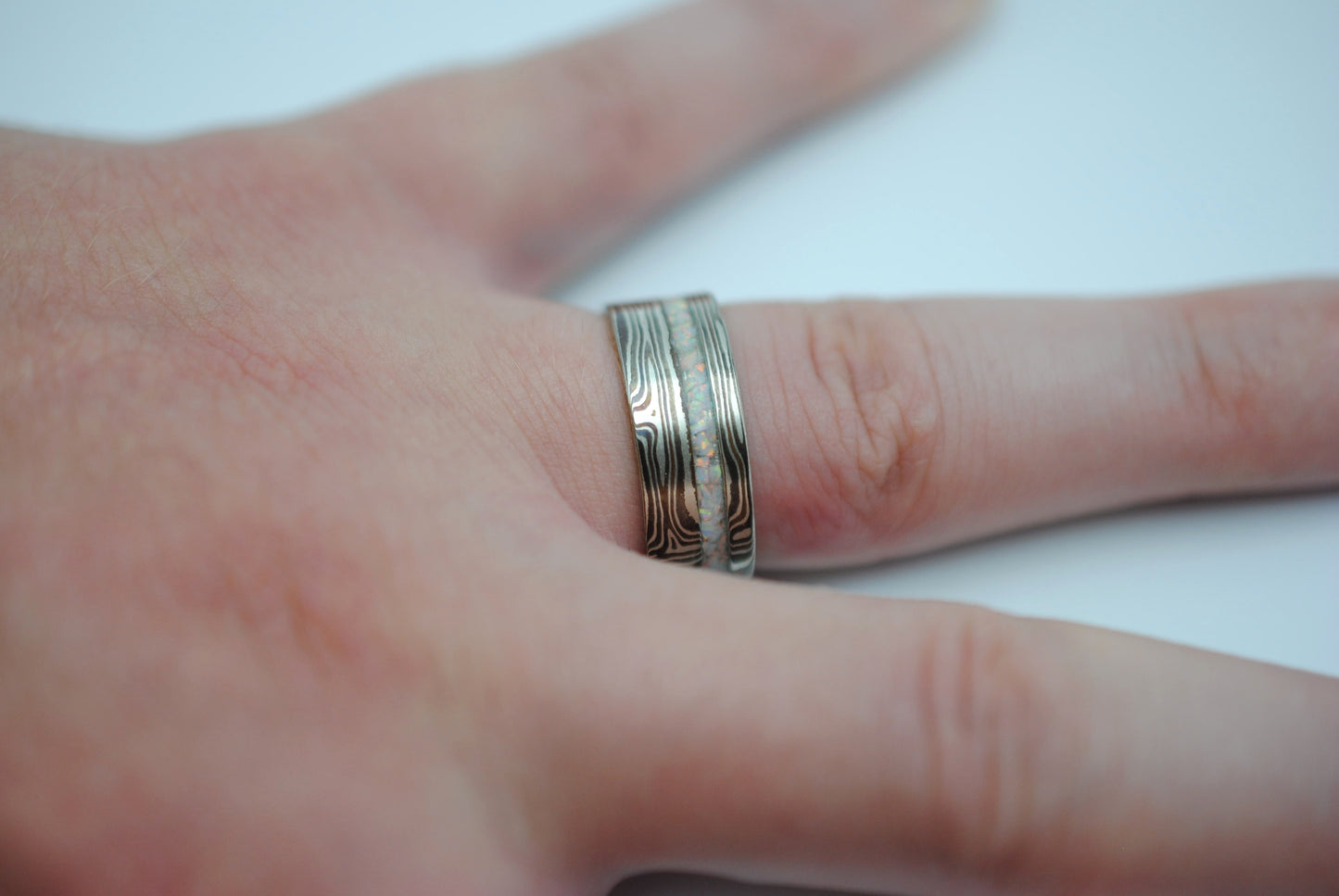 Mokume Gane Ring Band: Silver, Copper & Shibuichi, Opal Inlay, 7.5mm Width