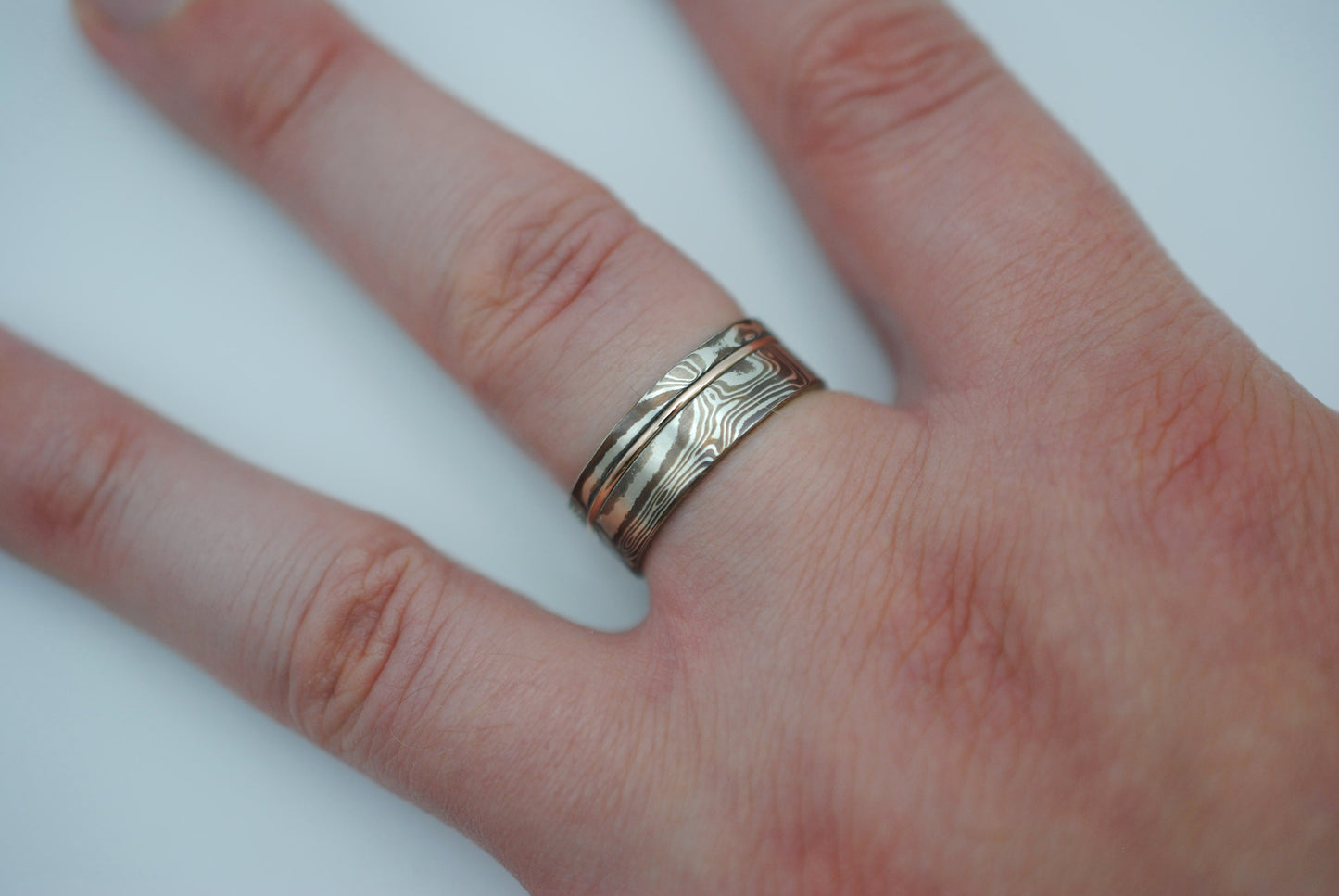 Mokume Gane Ring Band: Silver, Copper & Shibuichi, Rose Gold Inlay, 7.5mm Width