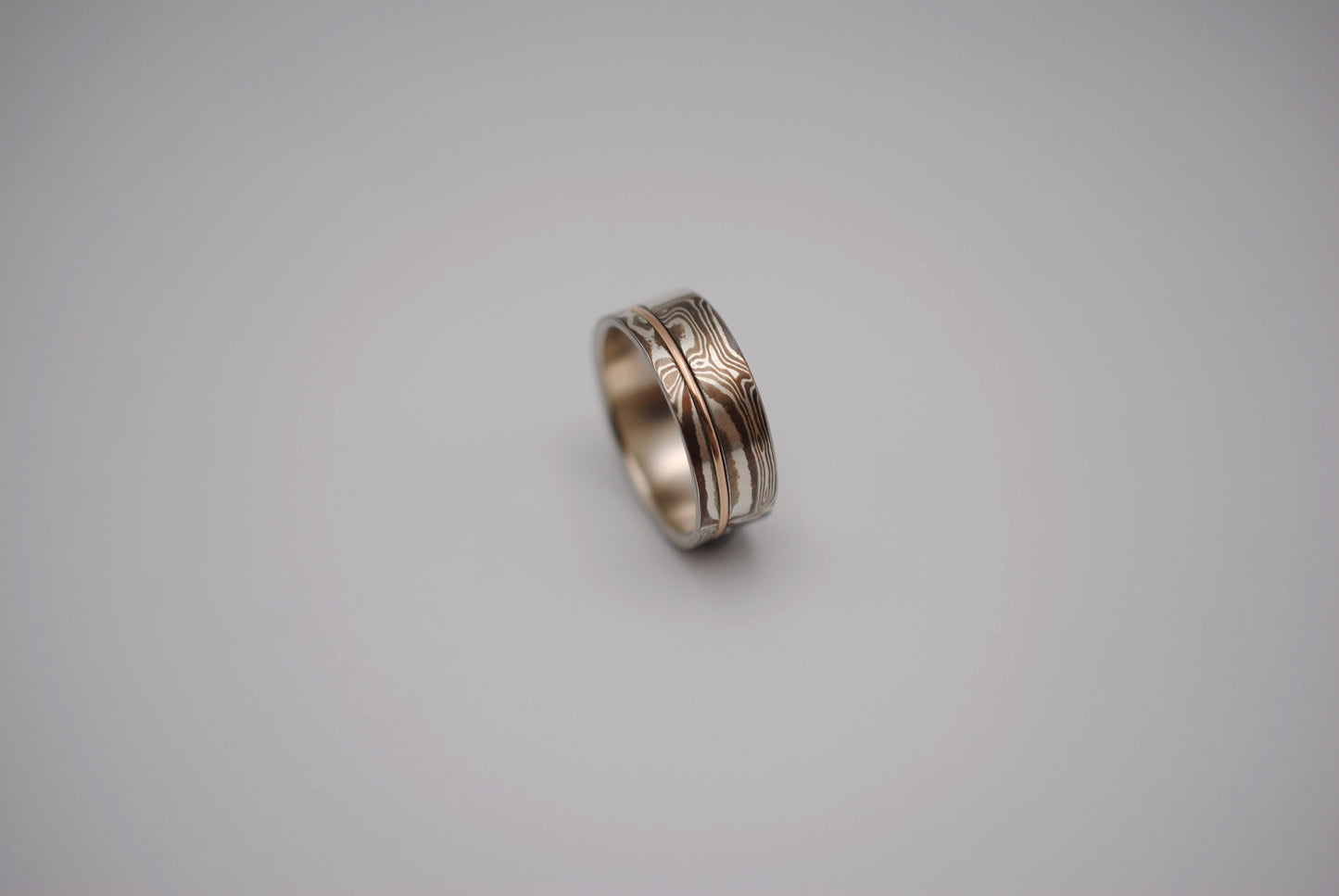 Mokume Gane Ring Band: Silver, Copper & Shibuichi, Rose Gold Inlay, 7.5mm Width