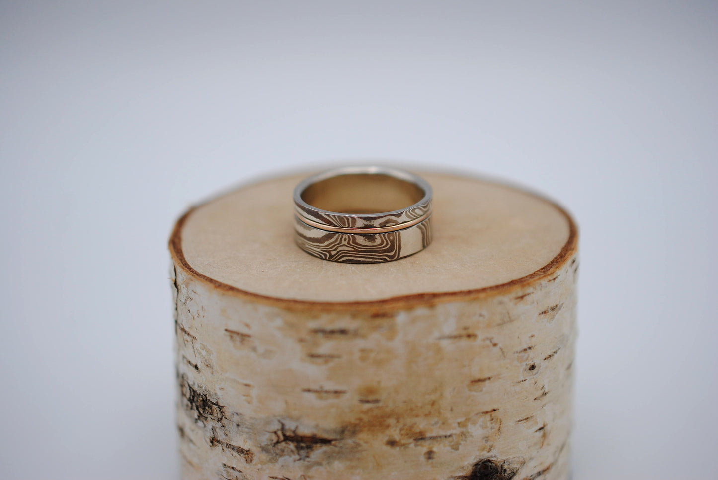 Mokume Gane Ring Band: Silver, Copper & Shibuichi, Rose Gold Inlay, 7.5mm Width