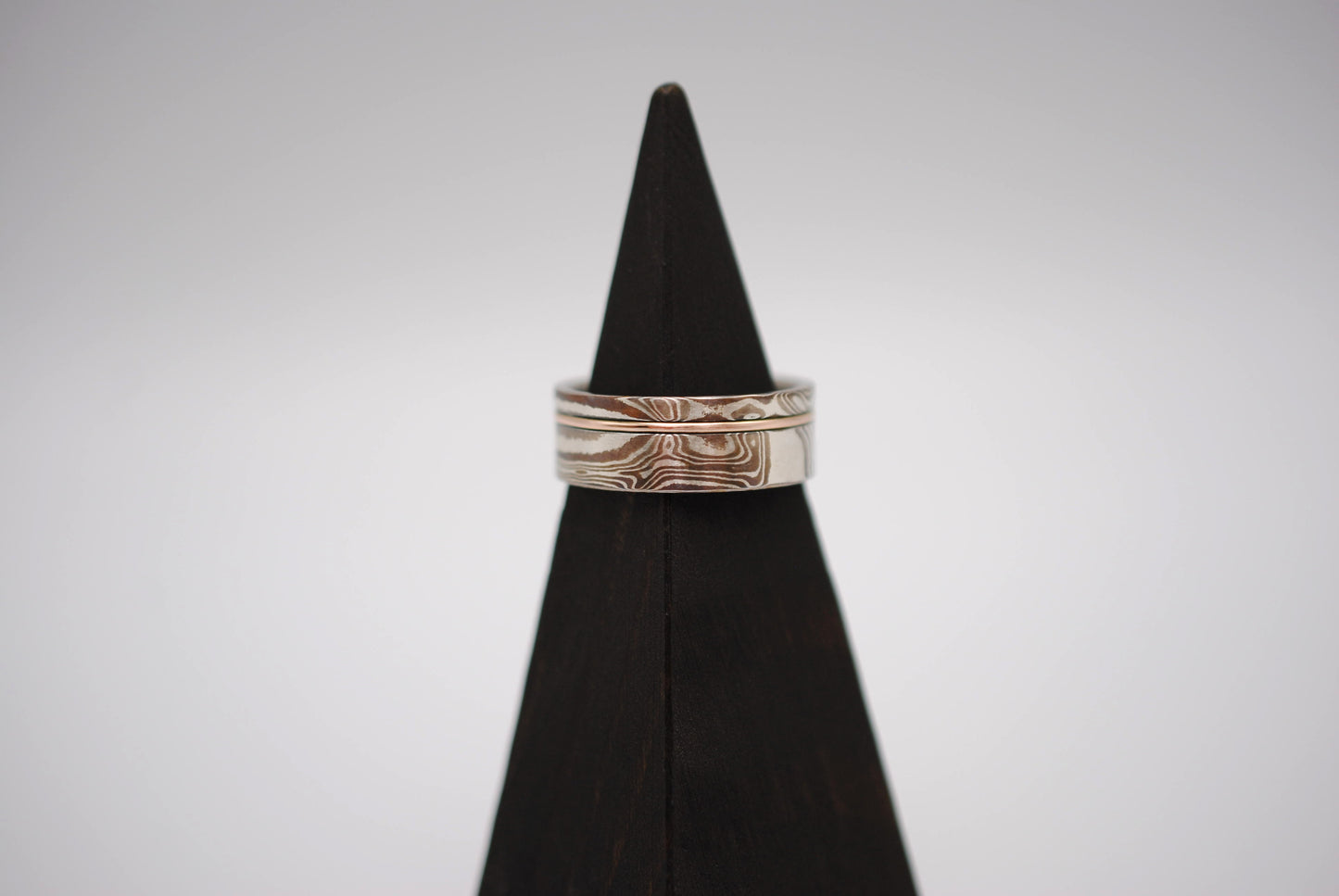 Mokume Gane Ring Band: Silver, Copper & Shibuichi, Rose Gold Inlay, 7.5mm Width