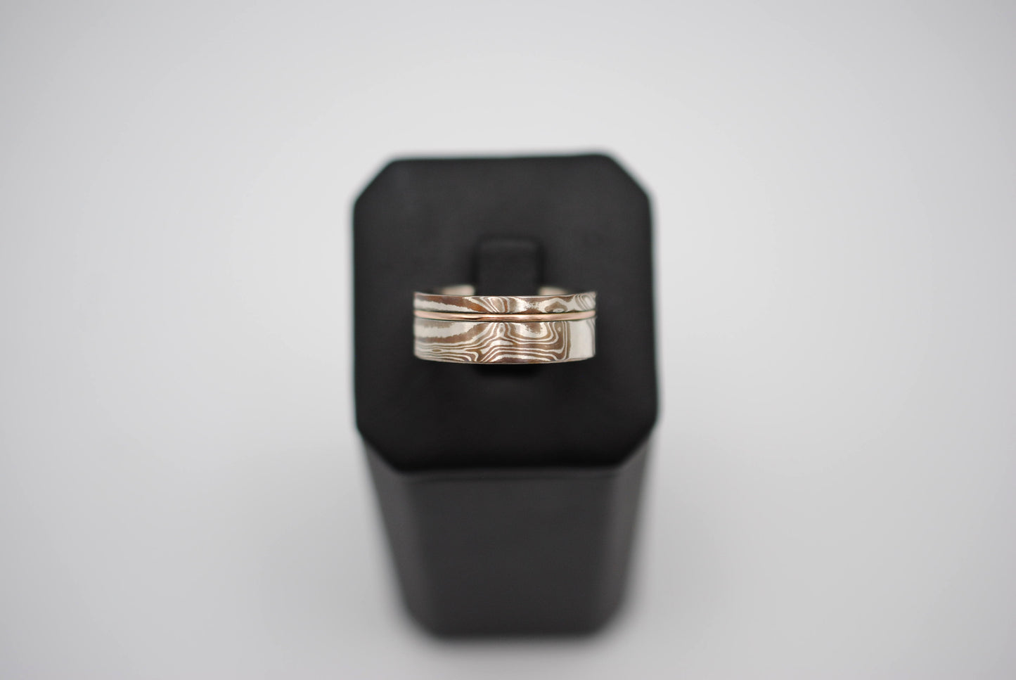 Mokume Gane Ring Band: Silver, Copper & Shibuichi, Rose Gold Inlay, 7.5mm Width