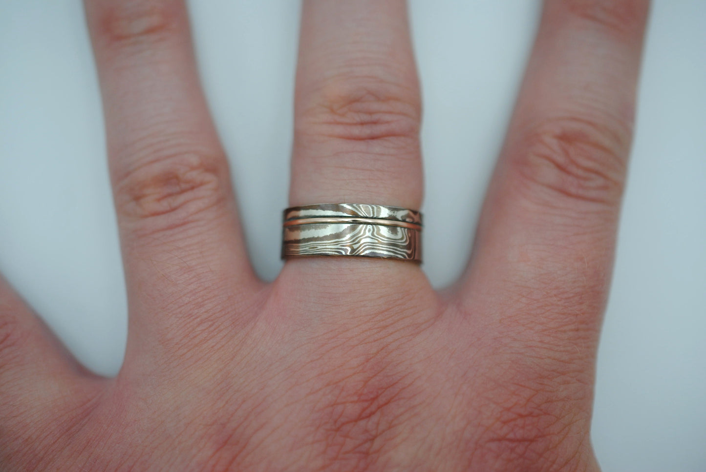 Mokume Gane Ring Band: Silver, Copper & Shibuichi, Rose Gold Inlay, 7.5mm Width