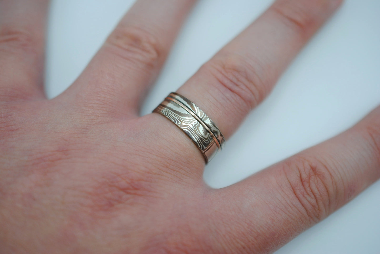 Mokume Gane Ring Band: Silver, Copper & Shibuichi, Rose Gold Inlay, 7.5mm Width
