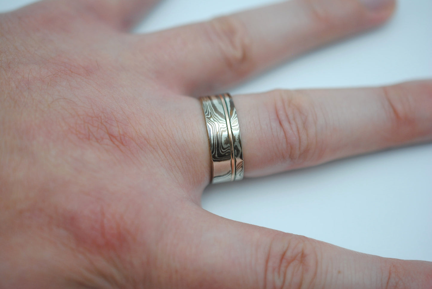 Mokume Gane Ring Band: Silver, Copper & Shibuichi, Rose Gold Inlay, 7.5mm Width