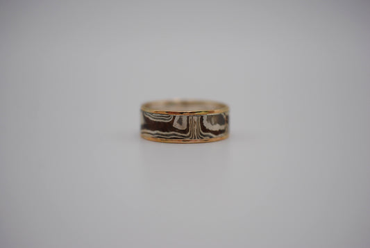 Mokume Gane Ring Band: Silver, Copper, Shibuichi, Hammered Yellow Gold Banding, 7mm Width