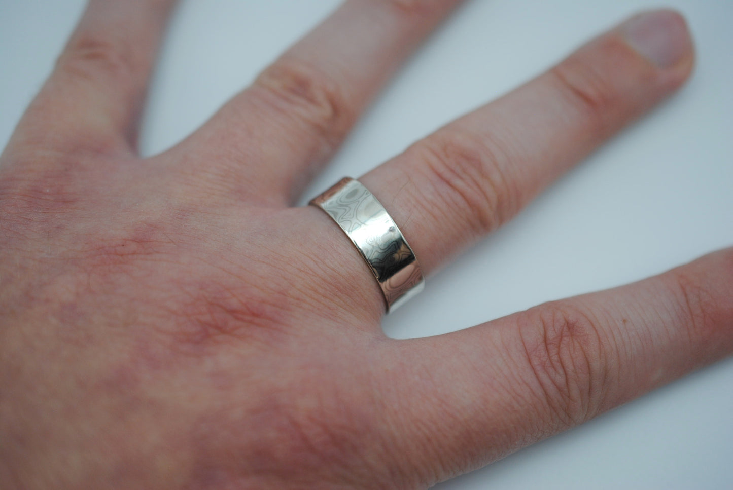 Mokume Gane Ring Band: Palladium White Gold and Sterling Silver, 7mm Width