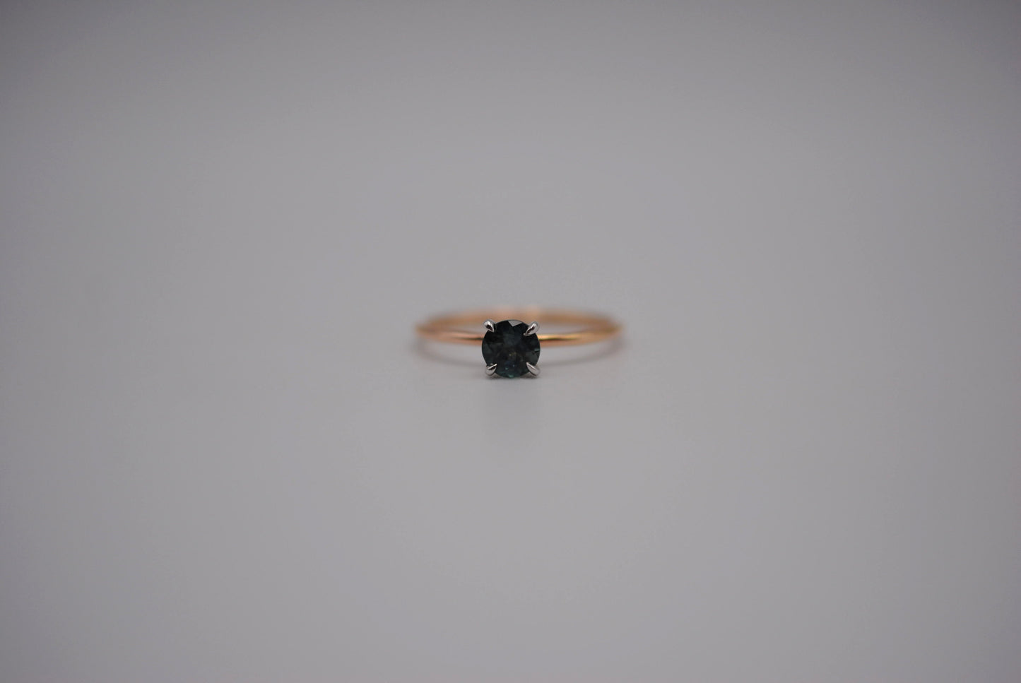 Sapphire Ring: Round Cut, Dainty Rose Gold Band, White Gold Setting