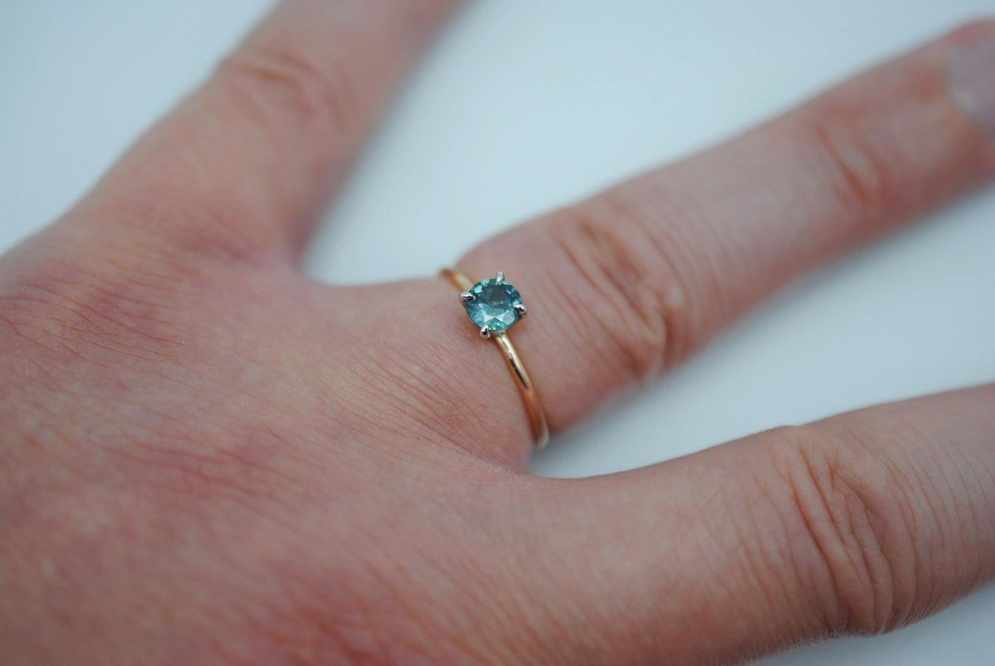 Sapphire Ring: Round Cut, Dainty Rose Gold Band, White Gold Setting