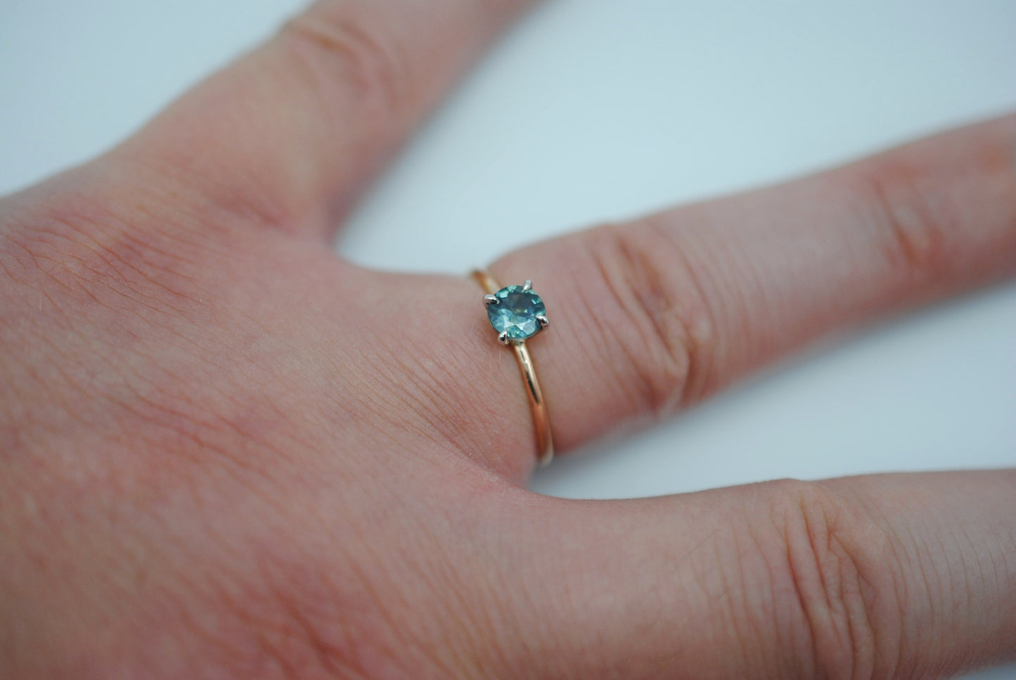 Sapphire Ring: Round Cut, Dainty Rose Gold Band, White Gold Setting