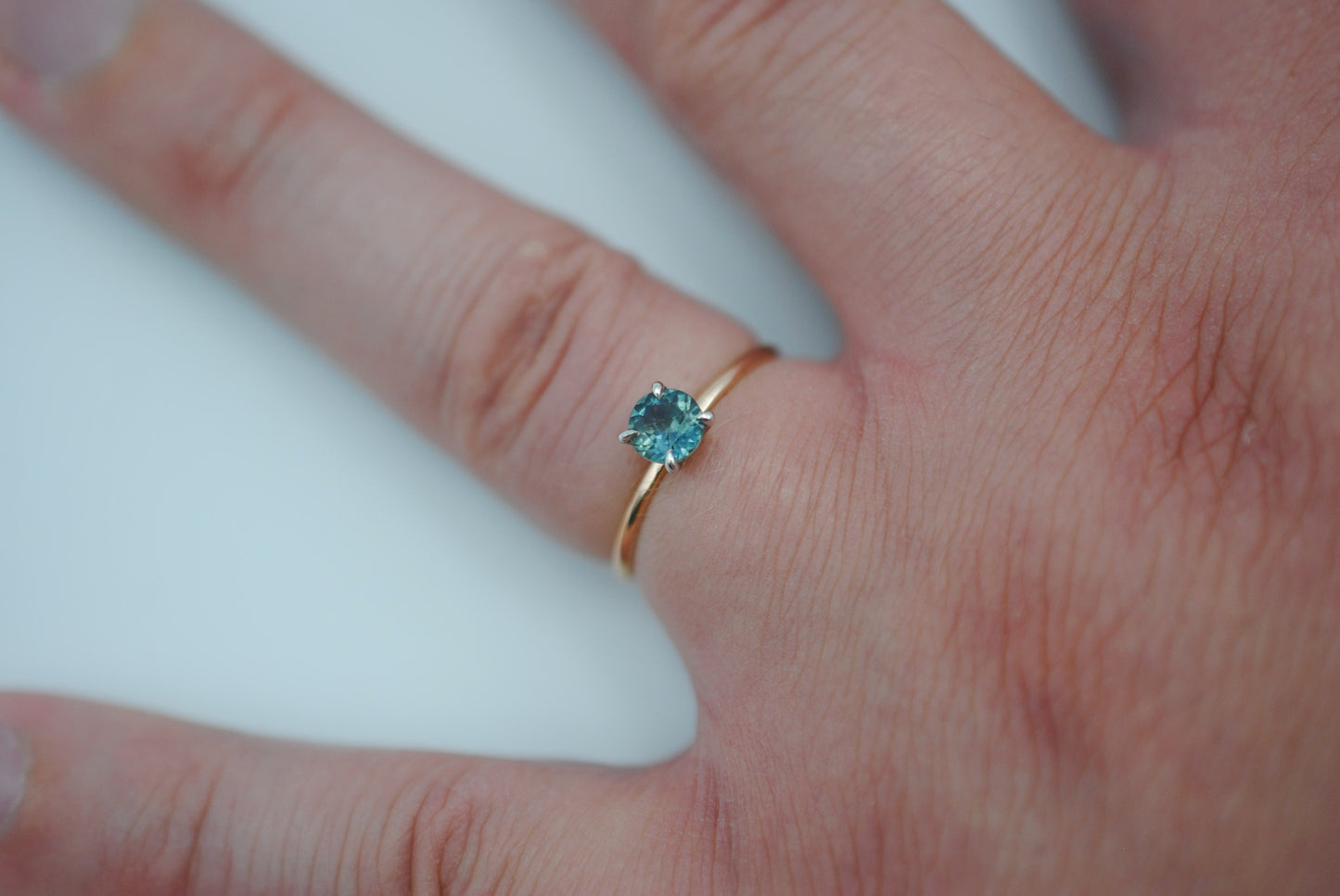 Sapphire Ring: Round Cut, Dainty Rose Gold Band, White Gold Setting