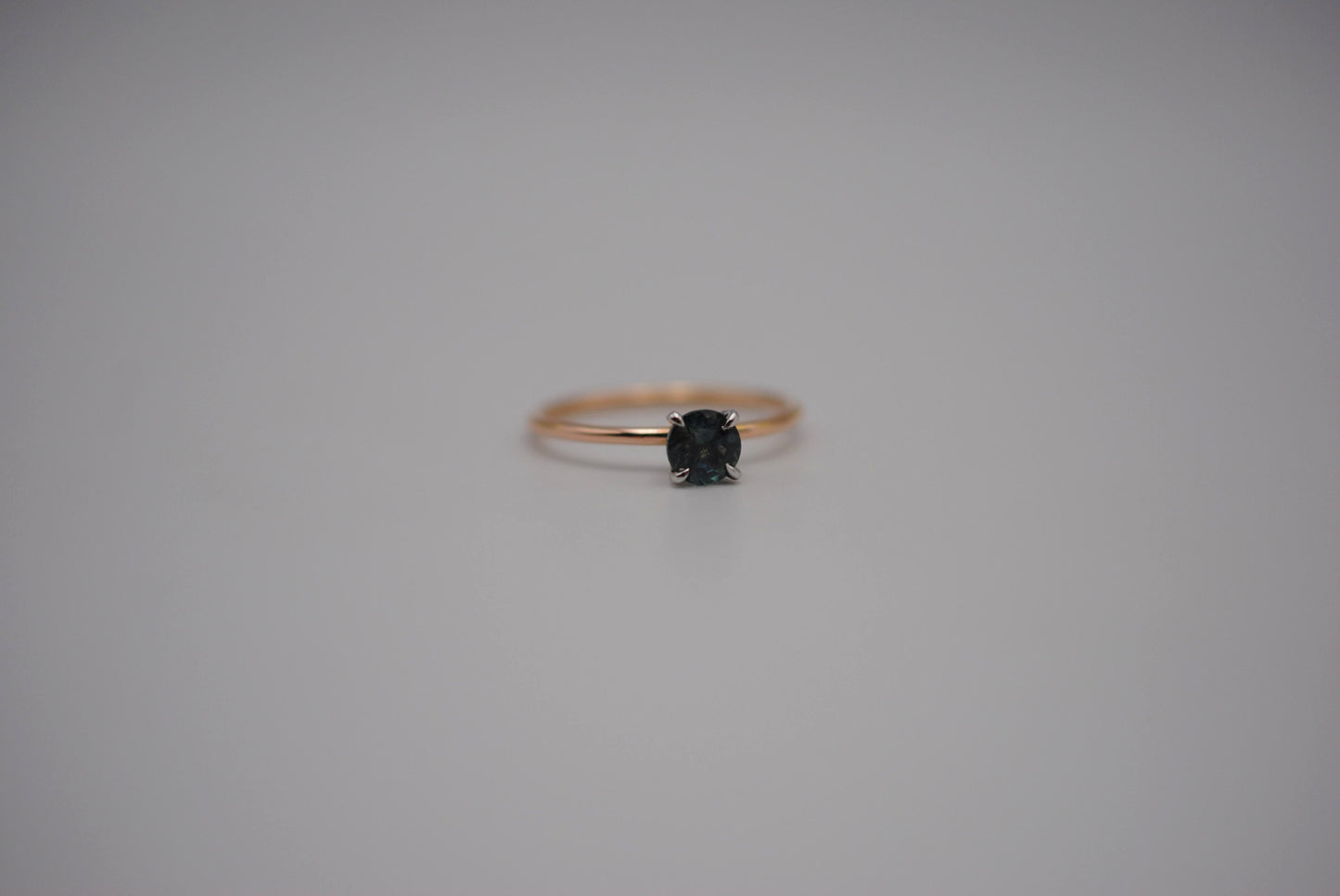 Sapphire Ring: Round Cut, Dainty Rose Gold Band, White Gold Setting