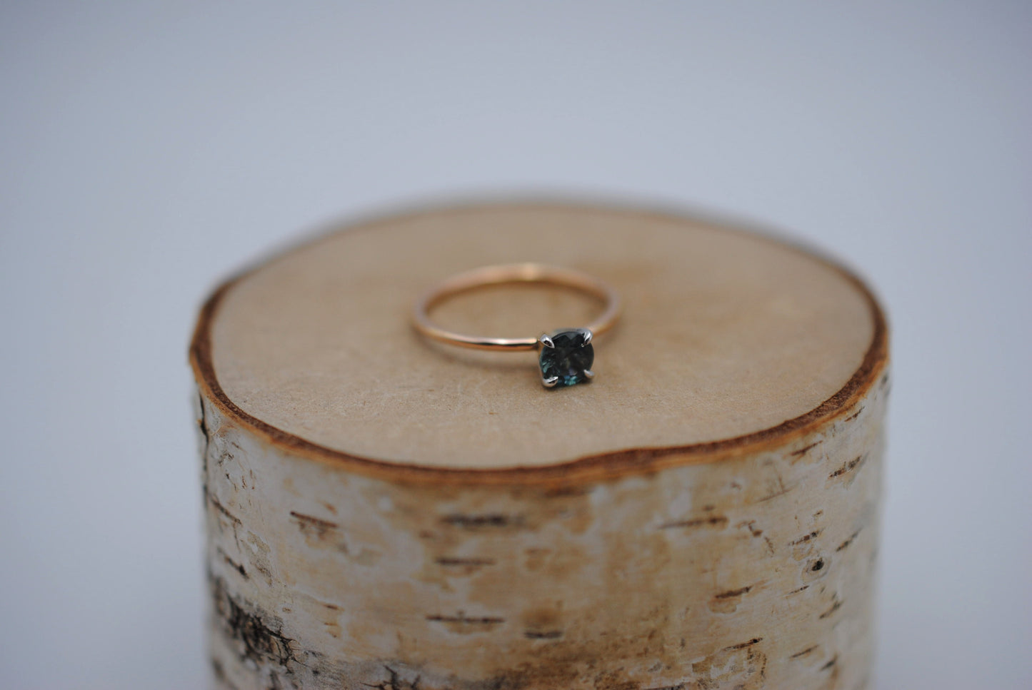 Sapphire Ring: Round Cut, Dainty Rose Gold Band, White Gold Setting