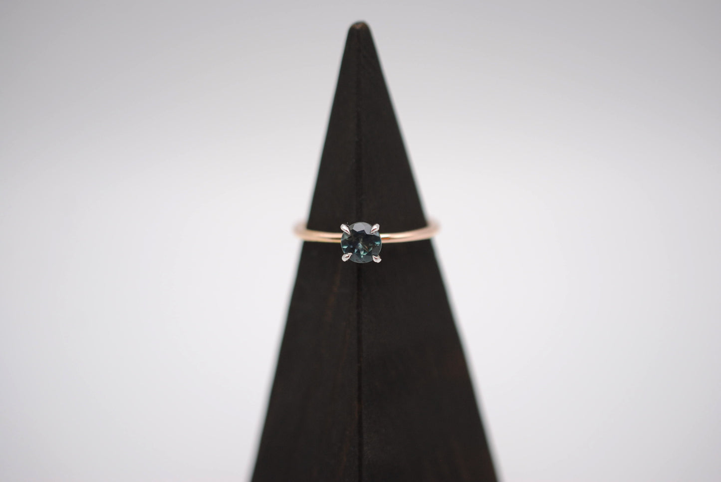 Sapphire Ring: Round Cut, Dainty Rose Gold Band, White Gold Setting