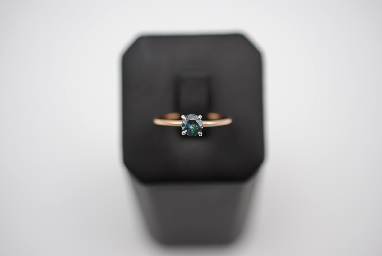 Sapphire Ring: Round Cut, Dainty Rose Gold Band, White Gold Setting