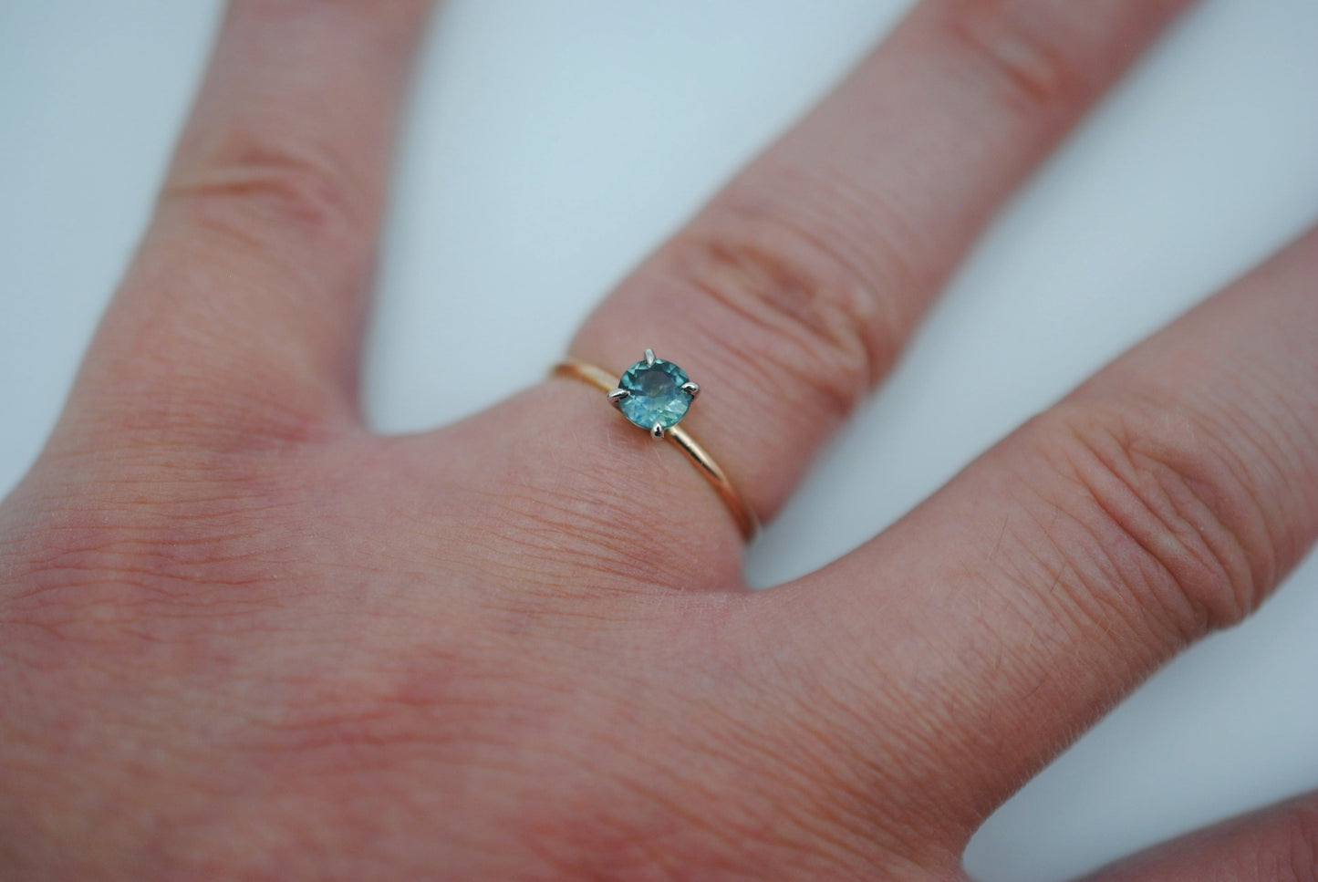 Sapphire Ring: Round Cut, Dainty Rose Gold Band, White Gold Setting
