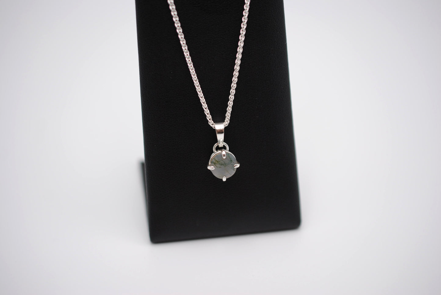 Moss Agate Necklace: Round Cut, Silver Prong Setting, Adjustable Wheat Chain