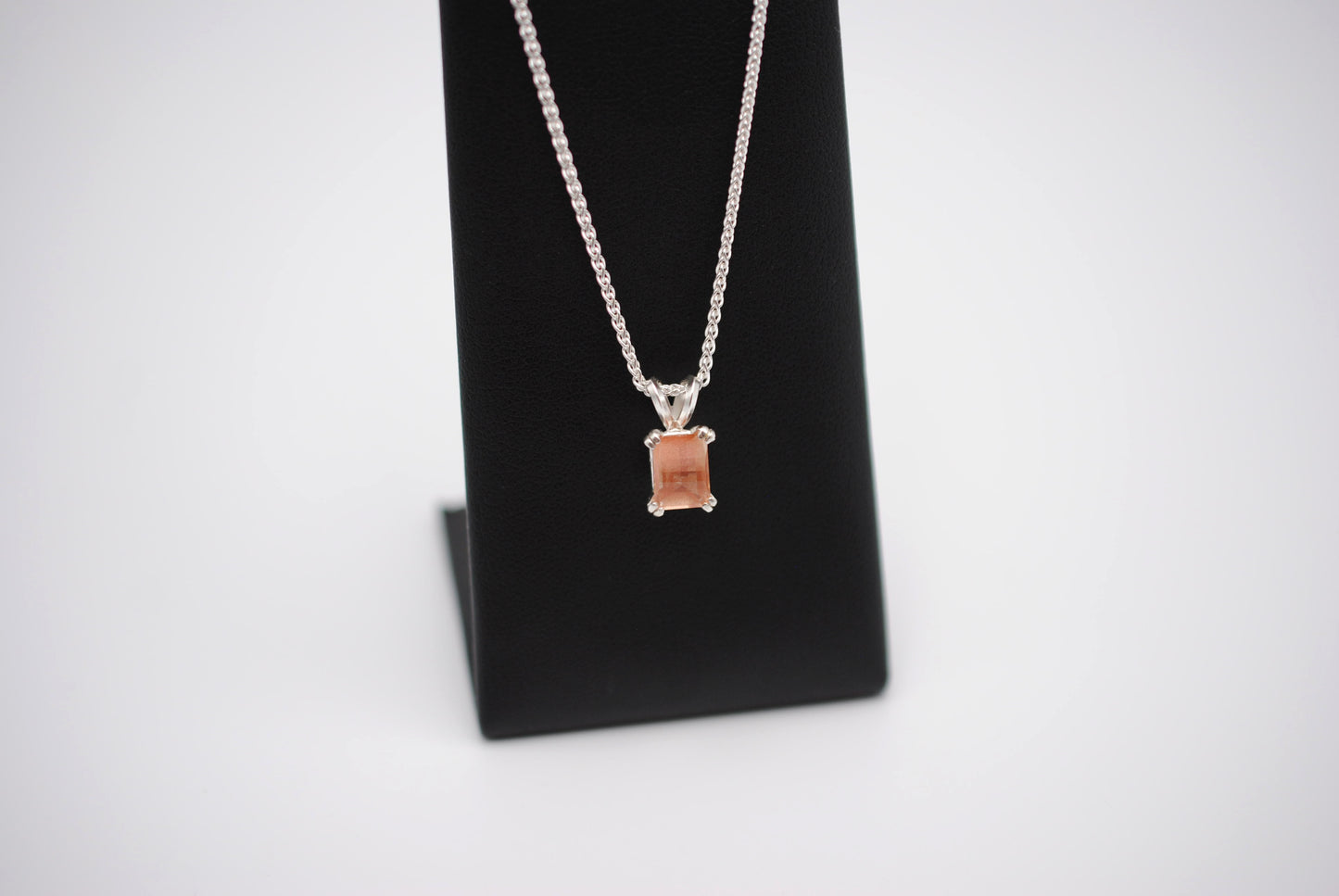Oregon Sunstone Necklace: Barrel Cut, Silver Double Prong Setting, Adjustable Wheat Chain 1