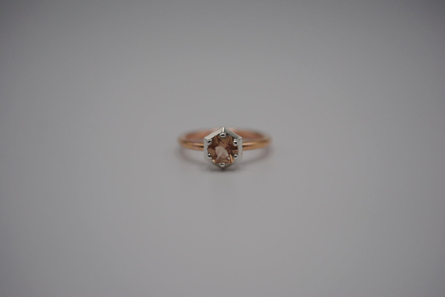 Oregon Sunstone Ring : Hexagon Cut, Rose Gold Fill Band, Silver Prong Setting