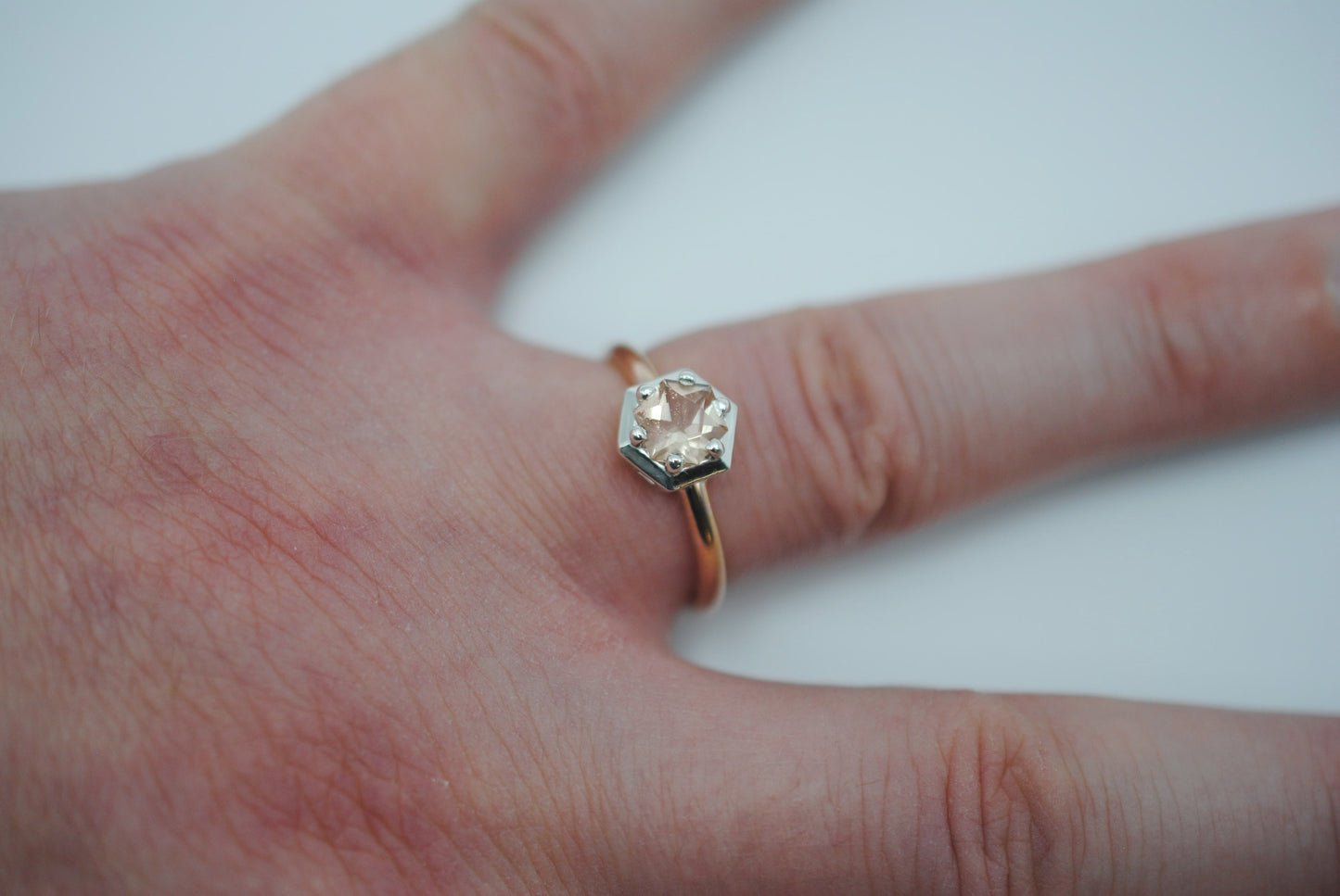 Oregon Sunstone Ring : Hexagon Cut, Rose Gold Fill Band, Silver Prong Setting